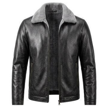 Douglas | Men's Faux Shearling Fur Collar Zip Outerwear Leather Jacket