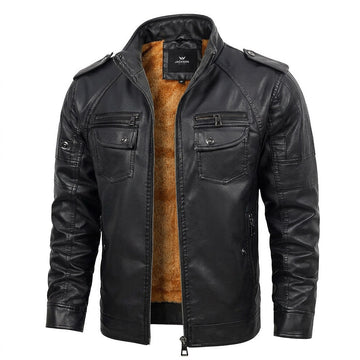 Magnus | Men's Faux Leather Stand Collar Fleece Lined Military Jacket