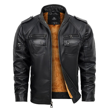 Magnus | Men's Faux Leather Stand Collar Fleece Lined Military Jacket