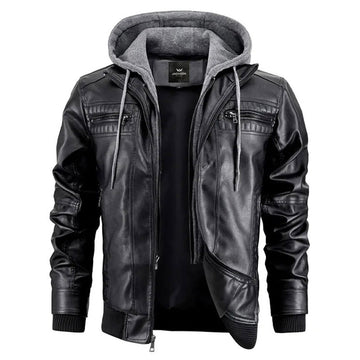 Alistair | Men's Double Zip Up Detachable Hood Leather Jacket