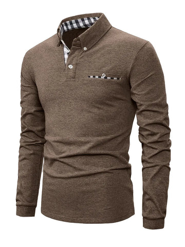 George | Men's Check Trim Long Sleeve Cotton Polo Shirt