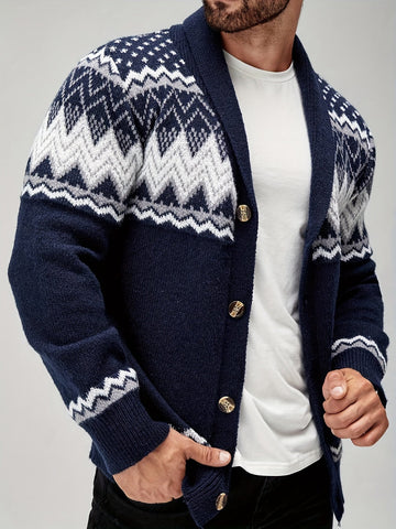 Sebastian | Men's Geometric Fair Isle Shawl Collar Cardigan